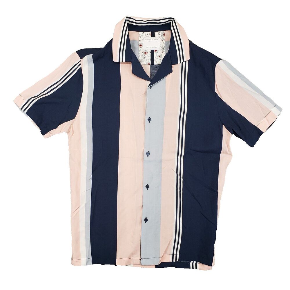 Denim & Flower Ricky Singh Camp‎ Shirt Mens S Navy Blue Pink Striped Aloha
